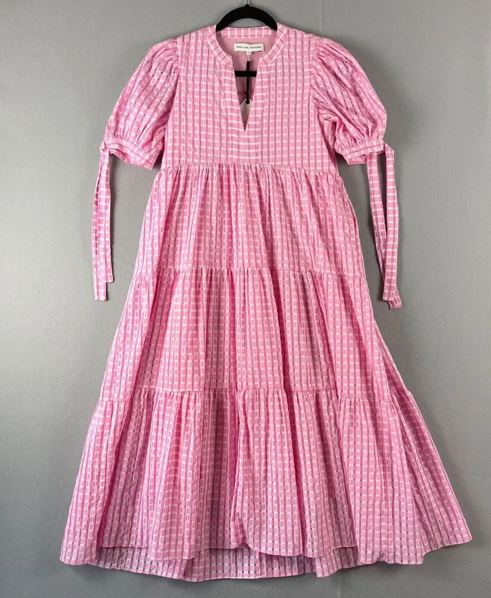 english factory pink gingham dress English Factory | Dresses | English Factory Gingham Tiered Midi Dress  Womens Xs Pink Puff Sleeves Flirty Nwt